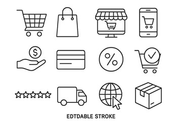 Poster - Vector e-commerce thin line icon collection. Online shopping, retail business symbols. Features delivery, payment, cart, rating stars. Editable stroke illustration.