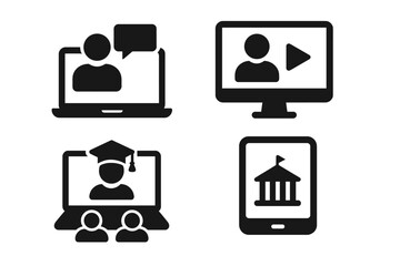 Aufkleber - E-learning icon set for web and mobile app design. Online education, distance learning, video tutorial, webinar, and online university concepts. Solid glyph vector icons.