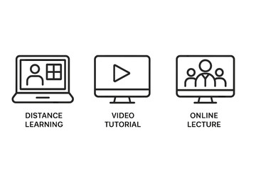 Aufkleber - E-learning web icon set in thin line style. Online education symbols for digital media, web, and mobile app. Icons for distance learning, video tutorial, online lecture.