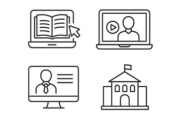 Fototapete - E-learning and online education editable stroke line icon set. Symbols for distance learning, video tutorial, webinar, online course, digital library, virtual classroom, school.