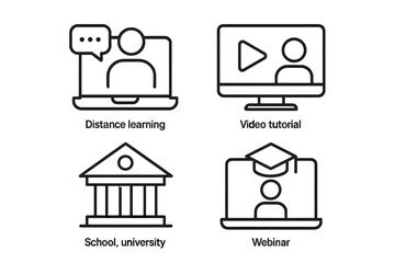 Aufkleber - E-learning and online education line icon set. Collection of thin outline symbols for web and mobile apps. Concepts for distance learning, video tutorial, webinar, university.