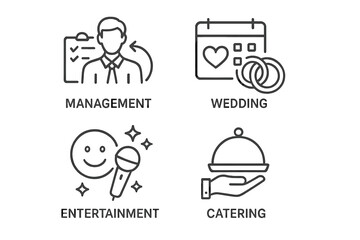 Fototapete - Event planning and management services icon set. Thin line vector pictograms for wedding organization, party entertainment, and food catering for web and mobile apps.