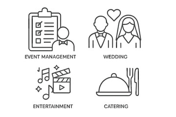 Fototapete - Event planning linear icons set. Event organisation symbols for web and mobile. Thin line pictograms collection with wedding, catering, entertainment, and management concepts.