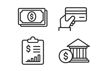Fototapete - Finance icons set. Money, payment, banking, investment symbols. Line art financial report, credit card, cash, bank. Outline vector pictograms for web, mobile app.