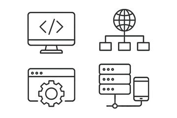 Fototapete - Modern Information Technology Line Icons Set. Web Development, Programming, Internet Network, Website Optimization, Server, Mobile Device, Cloud Computing, Digital Technology, UI/UX, Data Management