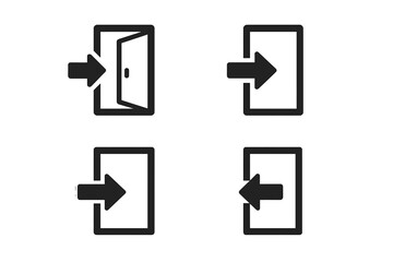 Aufkleber - Login and Logout Icons Set. Four Vector Symbols for Sign In, Sign Out, Enter, Exit. Open and Closed Door with Arrow. Black Flat Style Web and App Interface Buttons. Modern Access Control Concept.