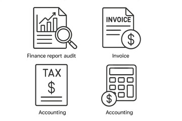 Poster - Accounting icon set in thin line style. Business and finance pictograms for web and mobile. Financial report audit, invoice, tax return, and calculator icons vector.