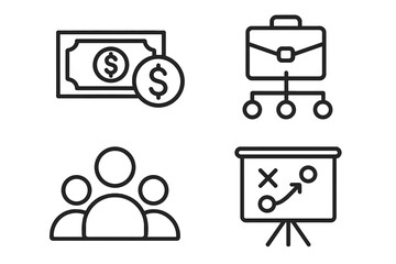 Poster - Business finance vector line icon set. Money, cash, payment. Briefcase, corporate structure, management. Teamwork, group, people. Presentation, board, strategy, planning.