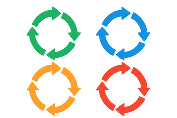 Poster - Set of 4 Colorful Circular Arrow Icons. Vector Rotation Cycle Symbols. Recycle, Refresh, Reload, Loop, Process, Flow, Circular Motion, Cycle, Repetition, Infographic Elements, Isolated