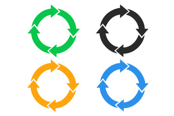 Aufkleber - Colorful Circular Arrow Cycle Icons Set. Four Arrow Rotation Symbols for Recycling, Refresh, Reload, Loop, Process, and Repetition. Green, Black, Orange, Blue Vector Pictogram Collection