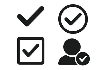 Aufkleber - Check Mark Icon Set – 4 Vector Checklist Symbols, Done, Checkbox, Profile Verification, Approval, Confirm, Web and App UI Elements, Minimalist Black Icons for Digital Projects