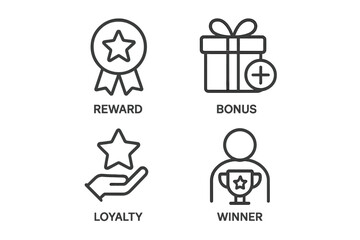 Fototapete - Benefit and reward icon set. Line icons for loyalty program, customer bonus, winner prize, and achievement award. Vector symbols for web, gift, incentive, and success.