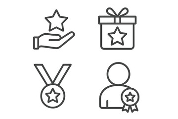 Fototapete - Benefit and reward vector icon set in thin line style. Customer loyalty program bonus symbols. Exclusive offer, winner prize, achievement award, incentive gift linear icons.