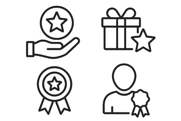 Fototapete - Benefit icon set in thin line style. Exclusive benefits linear icon collection. Concepts for customer loyalty program, reward, bonus, special offer, gift and prize.