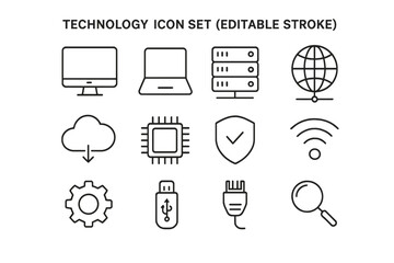 Fototapete - Modern Technology Icon Set, Editable Stroke, Thin Line Style, Computer, Laptop, Server, Cloud, Chip, Security, WiFi, Gear, USB, Ethernet, Magnifier, Vector Illustration