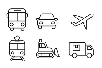 Poster - Linear Transport and Vehicle Icons Set for Web and Mobile Apps—Outline Style Public Transport, Car, Bus, Train, Airplane, Delivery Truck, Construction Vehicle, Urban Mobility
