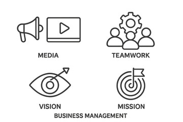 Poster - Business management vector icon set. Media, teamwork, vision, mission concepts. Thin line icons for marketing, communication, collaboration, strategy, planning, goal, target.