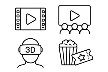 Fototapete - Cinema and movie linear icon set. Film industry and entertainment symbols collection. Thin line art pictograms for web and app design. Video, theater, 3D, VR, popcorn.