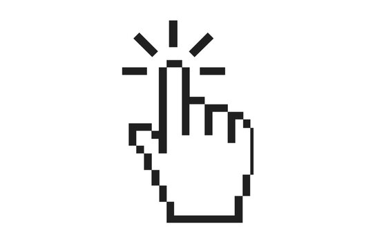 Click cursor icon. Computer mouse pointer. Hand pointer symbol. Clicking finger. Pixel cursor illustration. Web button concept. User interface element. Select and press symbol.