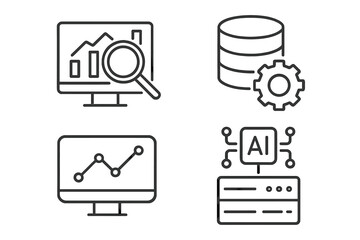 Poster - Data analytics and AI icon set. Thin line style icons for web and mobile. Data processing, statistics, database management, and machine learning concepts vector illustration.