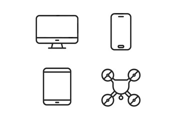 Fototapete - Device icon set in simple line style. Electronic gadgets for web and mobile app design. Includes computer monitor, smartphone, tablet, and drone vector pictograms.