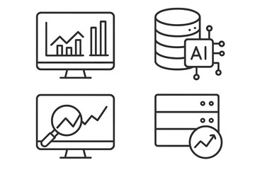 Poster - Data analytics line icon set. Business intelligence and big data analysis symbols. AI technology, database processing, statistics monitoring and visualization for web and mobile.