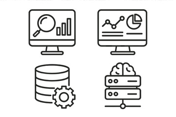 Fototapete - Data analytics and business intelligence line icon collection. Set of vector symbols for data processing, statistics, database management, monitoring, and machine learning AI.