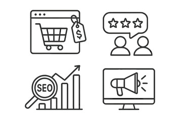 Poster - Digital marketing icon set for web and mobile apps. Line art icons for e-commerce, online sales, SEO, customer feedback, reviews, business analytics, and digital advertising.