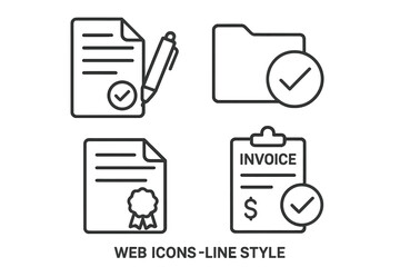 Fototapete - Document icon set in thin line style. Collection includes approved contract, signed agreement, completed project folder, payment invoice, and certified diploma for web design.