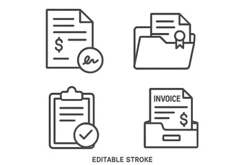 Aufkleber - Document line icon set. Business and finance outline icons. Vector collection of contract, invoice, certificate, and approved clipboard symbols for web and mobile apps.
