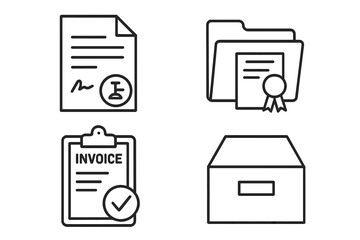 Fototapete - Document icon set in thin line style. Business paperwork vector symbols. Signed contract, legal agreement, folder with certificate, approved invoice, and office archive box.