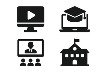 Poster - E-learning and online education vector icon set. Distance learning concept. School, university, graduation cap. Video tutorial, webinar, online lecture pictogram for web and mobile app.