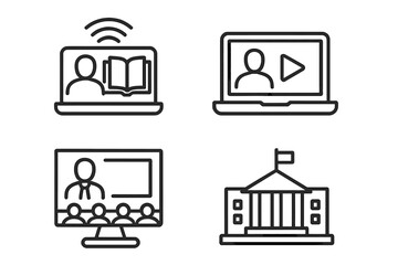 Poster - E-learning icon set in thin line style. Online education, distance learning, video tutorial, webinar concepts. Vector icons for website, school, university, mobile app.