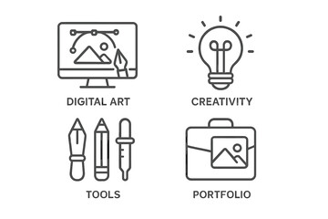 Fototapete - Graphic design line icon collection. Icons for digital art, creativity, drawing tools, portfolio. Vector symbols for web, mobile app development, creative process.