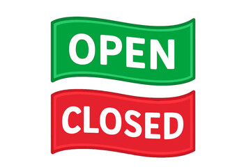 Poster - Open and closed signs vector illustration. Green open banner and red closed banner for a store, shop, or business door. Wavy flag style icon set on a transparent background.
