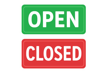 Poster - Open and closed signs vector set. Green welcome signboard and red sorry we are closed notice for shop or business door. Store status indicator symbol. Isolated illustration.