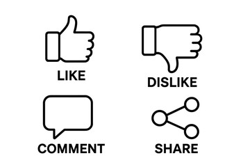 Aufkleber - Social Media Reaction Icons Set – Like, Dislike, Comment, Share Buttons for Video, Blog, Website, UI, App, Outline Vector Illustration