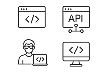 Aufkleber - modern programming and coding web icons set in line style. software development, api integration, pr