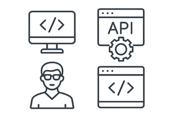Aufkleber - set of 4 line style web and mobile app development icons: coding, api integration, programmer, devel
