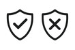 © marie - Security Shield Icons with Check Mark and Cross Symbol. Protected and Unprotected Status. Approval and Rejection Badge. Vector Outline for App, UI, Website, Transparent Background.