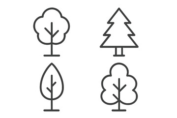 Aufkleber - Minimalist Tree Outline Icon Set for Nature, Forest, and Eco Design Concepts. Simple Line Art Trees, Pine, Leaf, and Botanical Elements. Transparent Vector Illustration for Web, App, and Print.