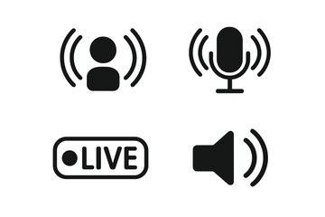 Aufkleber - Minimalist Podcast and Live Audio Streaming Icons Set. Flat Vector Microphone, Speaker, Person, and Live Broadcast Symbols for App, Website, UI, Transparent PNG and Vector Illustration