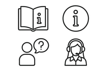 Poster - Set of 4 Information and Help Desk Icons in Modern Line Style. User Manual, Info Symbol, Customer Support, FAQ, Guidebook, Reference, Assistance, Web and Mobile App UI Elements