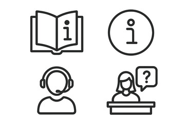 Poster - Set of 4 Information and Help Desk Web Icons in Modern Line Style. Includes Info Symbol, User Manual, Customer Support, Guidebook, Reference, FAQ, Hotline, Assistance, Mobile App UI Elements