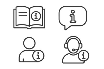 Poster - Set of 4 Information and Help Desk Line Icons for Web and Mobile Apps. User Manual, Guidebook, Reference, Customer Support, Info Symbol, Chat, Operator, Assistance, Outline Vector