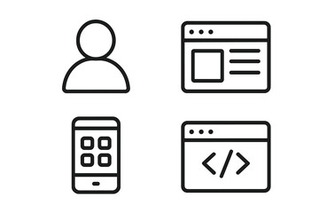Fototapete - Modern Line Style Web and Mobile UI Icons Set. Minimalist User Interface, Webpage, Mobile App, and Coding Symbols for UX Design. Editable Outline Vector for Digital Platforms and Applications