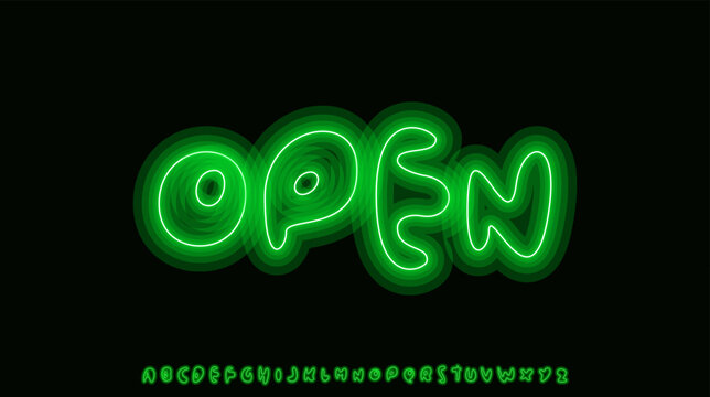 Neon open sign glowing in green light. Bold funky lettering opened signage for shop banners, nightlife decor, business posters. Urban lettering on black bg. Night club logo font. Vector illustration.