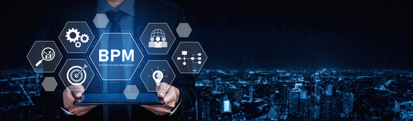 Poster - Business Process Management concept showing workflow analysis, process optimization, team collaboration, automation, and performance improvement Vouch