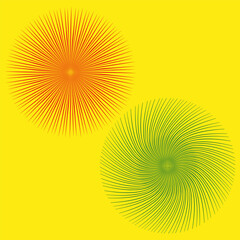 Poster - Orange green bursts. Radial line patterns. Abstract Vector shapes. Bright yellow background