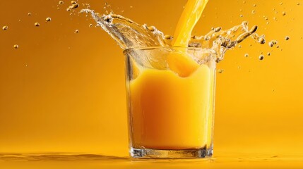 Poster - Mango Nectar Splashes Into an Invisible Glass Creating Dynamic Droplets Against a Vibrant Yellow Background